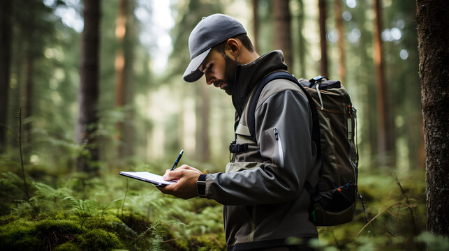 An environmental conservation surveyor recording important data as part of field research, showcasing commitment to preserving nature and sustainability
