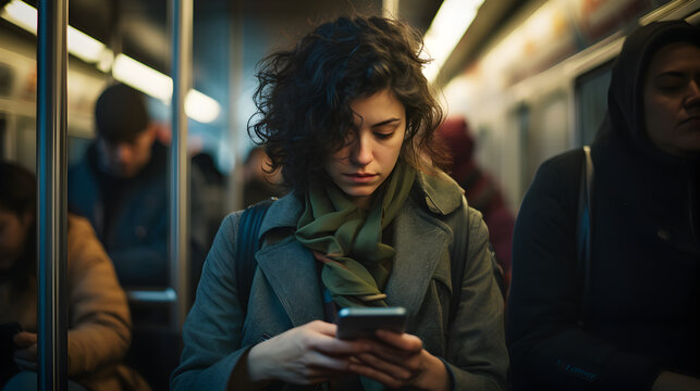 Candid shot of a woman using her smartphone while in subway commute, engrossed in work and connectivity