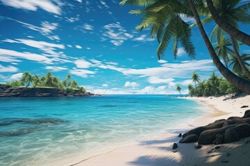A panoramic view of a tropical beach with turquoise waters and palm trees 