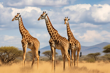 Three young giraffes standing in savannah. Generative AI