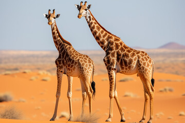 Two young giraffes standing in savannah. Generative AI