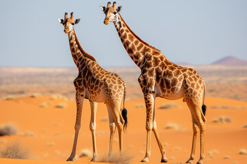 Obraz premium Two young giraffes standing in savannah. Generative AI