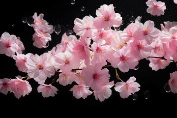 pink petals float over black background