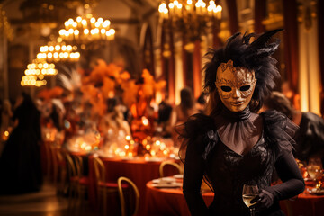 Mystery woman wearing masquerade costume and mask in grand ballroom. Generative AI