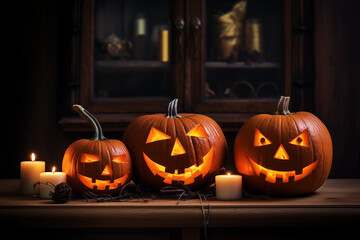 Spooky Halloween pumpkins with carved glowing faces. Generative AI