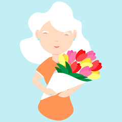 Woman with Flowers , Abstract background, Moter's day,  Valentines day, Vector illustration, Birthday, Romantic, Flat Design, Womens day, Bouquet, Vector illustration