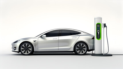 Modern electric vehicle (EV) plugged into a charging station, depicting advanced green technology,...