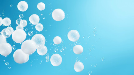 Detergent foam bubble on blue background. Soap, shower gel, shampoo foam texture. Copy space. Generative AI