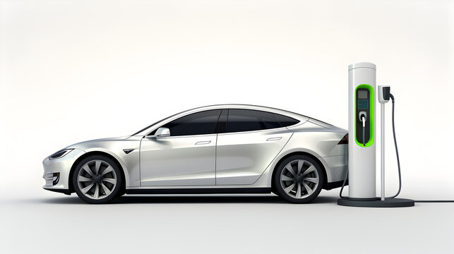Modern electric vehicle (EV) plugged into a charging station, depicting advanced green technology, isolated on a white background
