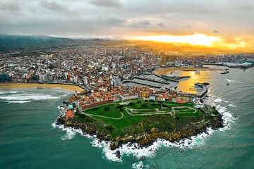 Aerial view of Gijon city during sunset. Spain, Asturias