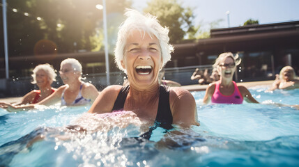 Fototapeta premium Senior women enjoying aqua fit class in a pool, displaying joy and camaraderie, embodying a healthy, retired lifestyle