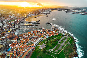 Aerial view of Gijon city during sunset. Spain, Asturias