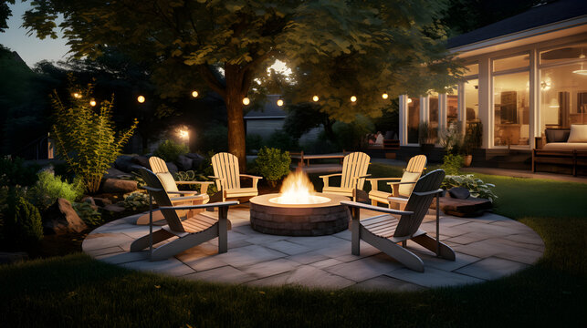 Outdoor fire pit kept in the backyard with lawn chairs seating on a late summer night