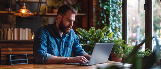 A handsome smiling bearded man sitting in a room with wooden furniture. Working, studying, concentrating on his laptop screen. Achieve a goal, target or finish a task or success concept.