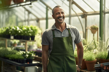 smiling gardener wearing a green apron in greenhouse - obrazy, fototapety, plakaty