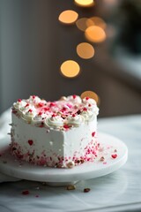 A delicious heart-shaped cake with red and white decorations, perfect for sweet celebrations.