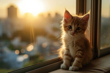 A cute ginger kitten sits on a windowsill, enjoying the sunset and the view.