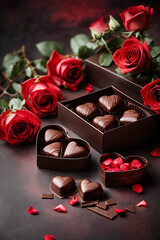 Chocolate hearts with red roses, gift box, on dark brown background copy space. Valentine's Day