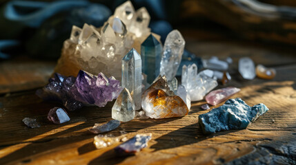 Small group of beautiful gemstone crystals in a magical environment cleansing and charging in the sunlight or moonlight. Textured wooden table. Manifestation and protection ritual. 