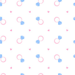 Diamond ring vector seamless pattern. Flat style diamond ring and hearts pattern