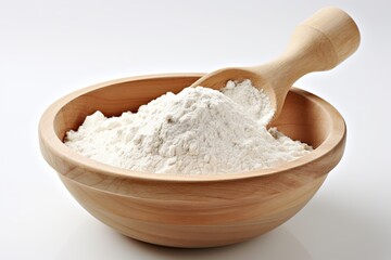 Flour in wooden bowl on white background - Powered by Adobe