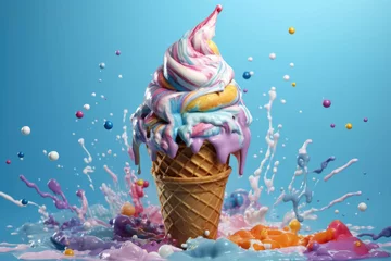 Foto auf Alu-Dibond colorful ice cream cone with lots of colorful icing splashed all over it © Michael Böhm