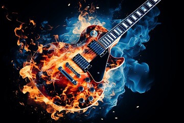 Old vintage guitar in flames and smoke against black background - obrazy, fototapety, plakaty