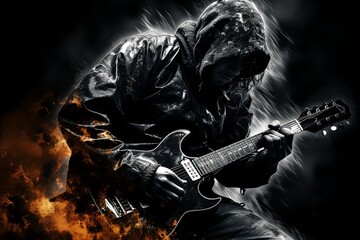 Man in dark clothes and hood is playing electric guitar, flames on the side - obrazy, fototapety, plakaty