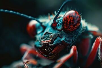 Macro shot of the head of an insect with big red eyes on a dark background - obrazy, fototapety, plakaty