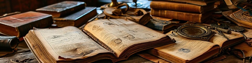 Obraz premium Vintage still life with old books, candlesticks and a statue, ultra wide, banner, 