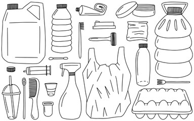 Plastic pollution elements vector doodle set. Plastic waste hand drawn set
