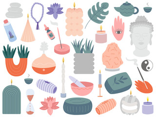 Yoga items flat style vector set. Flat yoga elements, candles, buddha statue, lotus flower and aroma sticks set