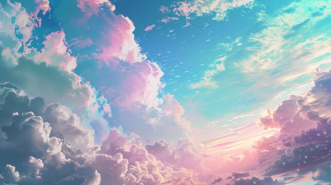 
The sky and clouds shimmer in rainbow colors, depicted in a beautiful landscape with a fantastical style reminiscent of pastel dreams.