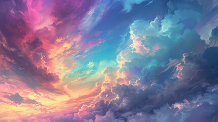 
The sky and clouds shimmer in rainbow colors, depicted in a beautiful landscape with a fantastical style reminiscent of pastel dreams.