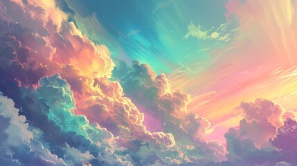 Fototapeta na wymiar The sky and clouds shimmer in rainbow colors, depicted in a beautiful landscape with a fantastical style reminiscent of pastel dreams.
