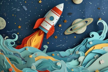 Embark on a whimsical underwater adventure as a vibrant fish guides you through a colorful reef painted with a charming cartoon style, featuring a paper rocket soaring through the depths