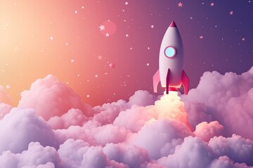 Amidst a sea of billowing clouds, a sleek rocket pierces through the sky, propelling towards the unknown depths of space, a symbol of mankind's insatiable thirst for adventure and progress