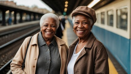 Two elderly African American women smiling together on a train platform. - obrazy, fototapety, plakaty