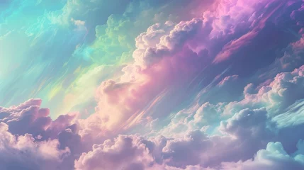   The sky and clouds shimmer in rainbow colors, depicted in a beautiful landscape with a fantastical style reminiscent of pastel dreams. © samuneko