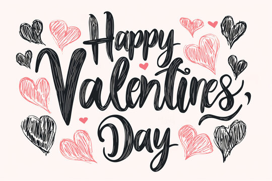 Happy Valentines Day Handwritten Calligraphy with Black Lettering and Pink Hearts on White Background
