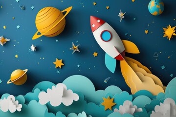 A playful paper rocket takes off on a whimsical journey through a colorful cartoon world