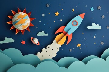 Obraz premium Embark on a whimsical underwater adventure with a cartoon fish, captured in a playful screenshot framed by a paper rocket cut out