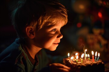 A young boy's face lights up with joy as he blows out the candles on his delicious birthday cake, surrounded by the warm glow of flickering wax
