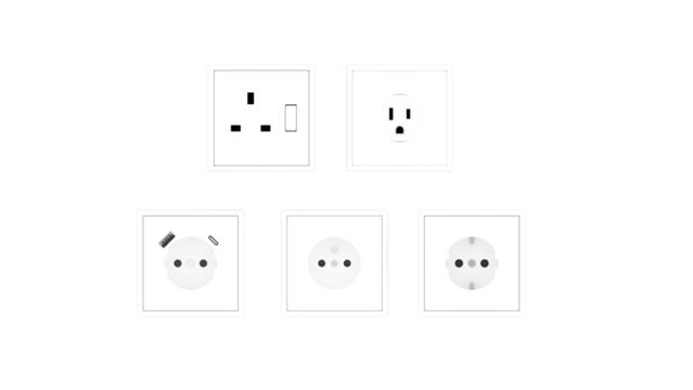 Modern electrical wall outlet isolated, realistic 3d electrical toggle switch. Electric light switch control isolated on white plastic panel. Energy control for modern home interior, 3D rendering