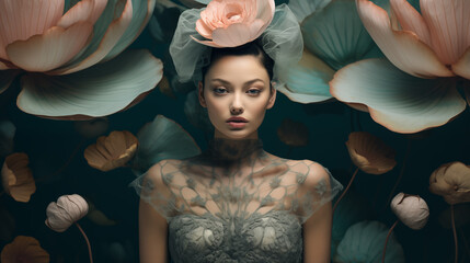 Sinnliches Portrait einer Frau mit Lotusblumen. Dezent asiatischer Stil. Gedeckte Pastellfarben. Fotorealistische Illustration - obrazy, fototapety, plakaty