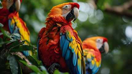 A mesmerizing shot of the jungle canopy, where vibrant parrots, monkeys, and tropical birds coexist in a harmonious symphony of colors and life.