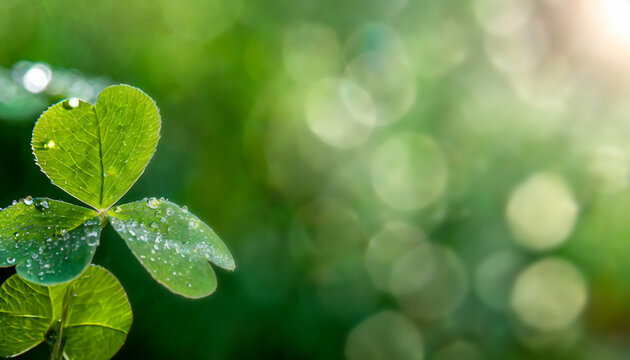 17 mars, joyeuse f&ecirc;te de la Saint-Patrick, tr&egrave;fle sur fond flou de lumi&egrave;re verte