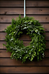 Thick lush green branches in a circular shape, Christmas Wreath on Wooden Fence