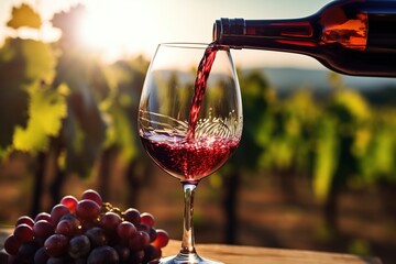 Pouring red wine to glass on vineyard background