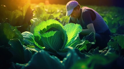 Person Harvesting Cabbage in Field